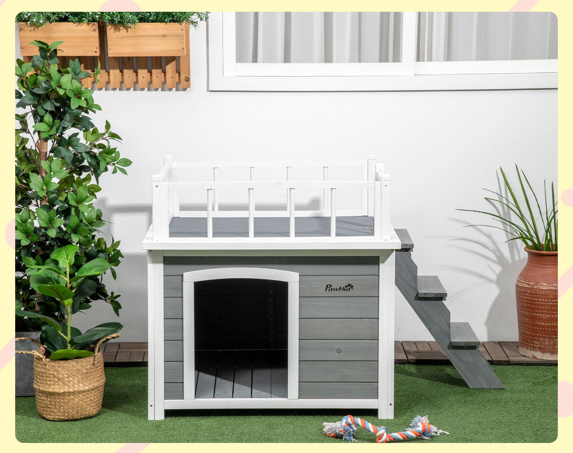 Lyxig Hundkoja med Takterrass och Trappa – Ljusgrå/Vit, upp till 20 kg
