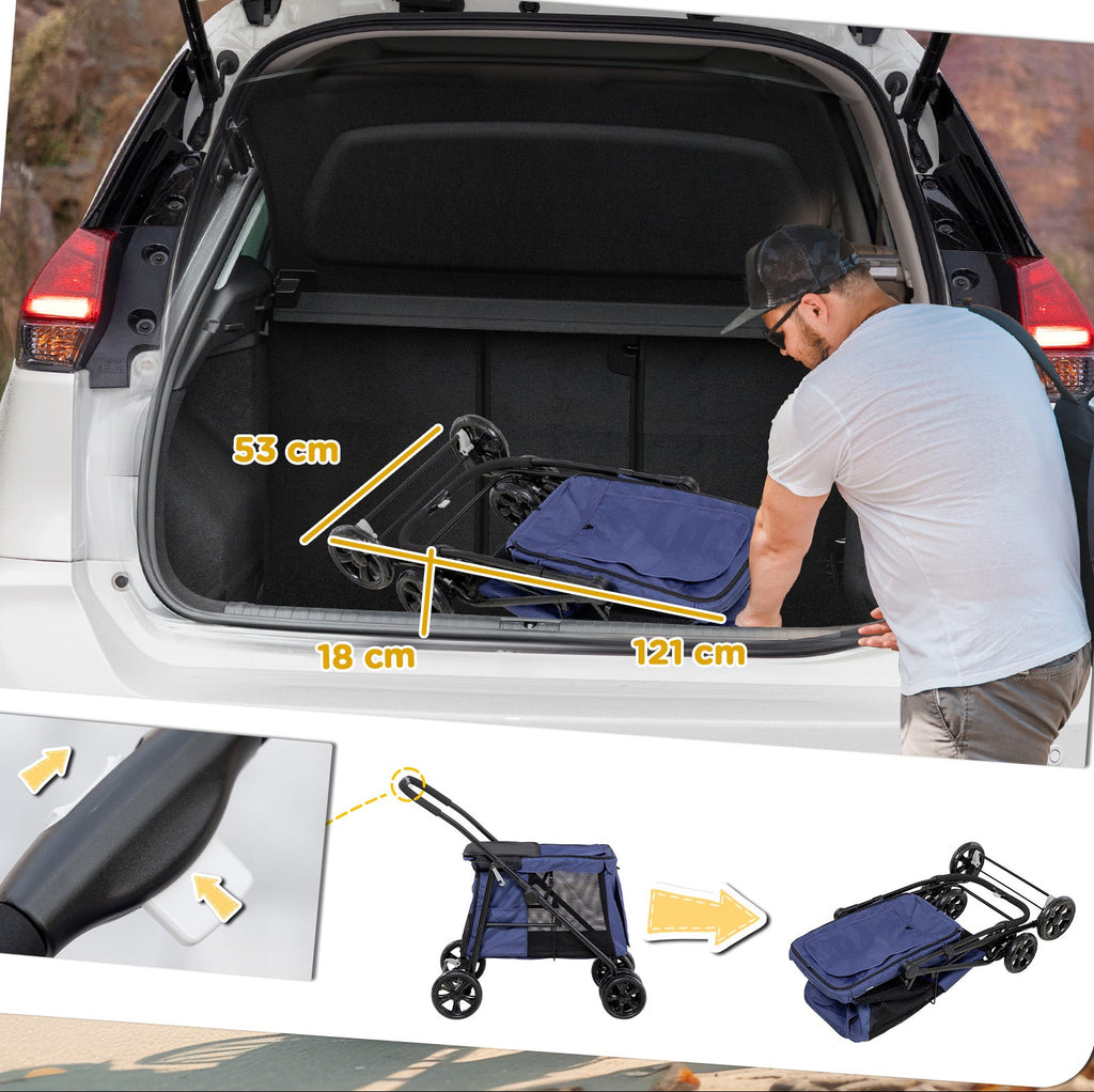 Hundetrolley bis 20kg klappbar Kissen 3 Seitentaschen 102 cm x 62 cm x 105 cm Blau