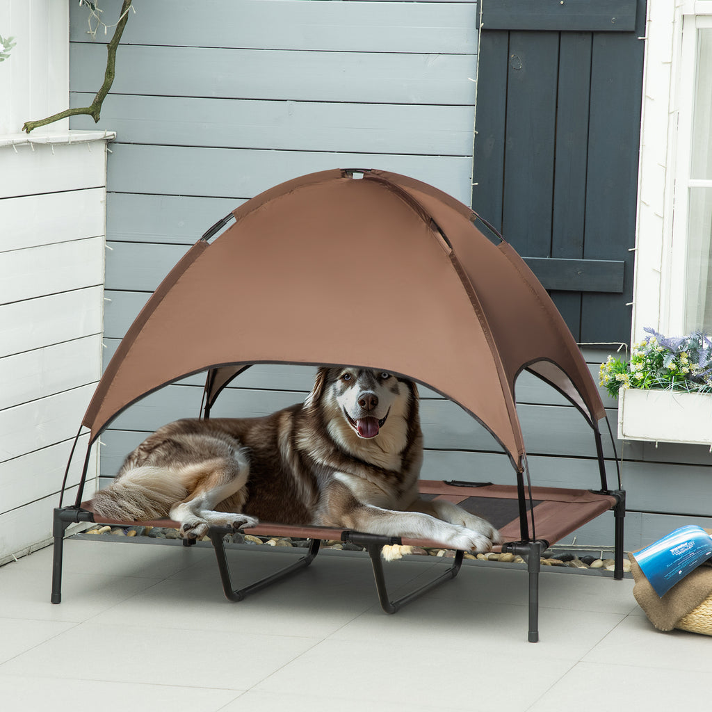 PawHut Upphöjd Hundbädd med Soltak XXL – Kaffe/Svart – 122 x 92 cm