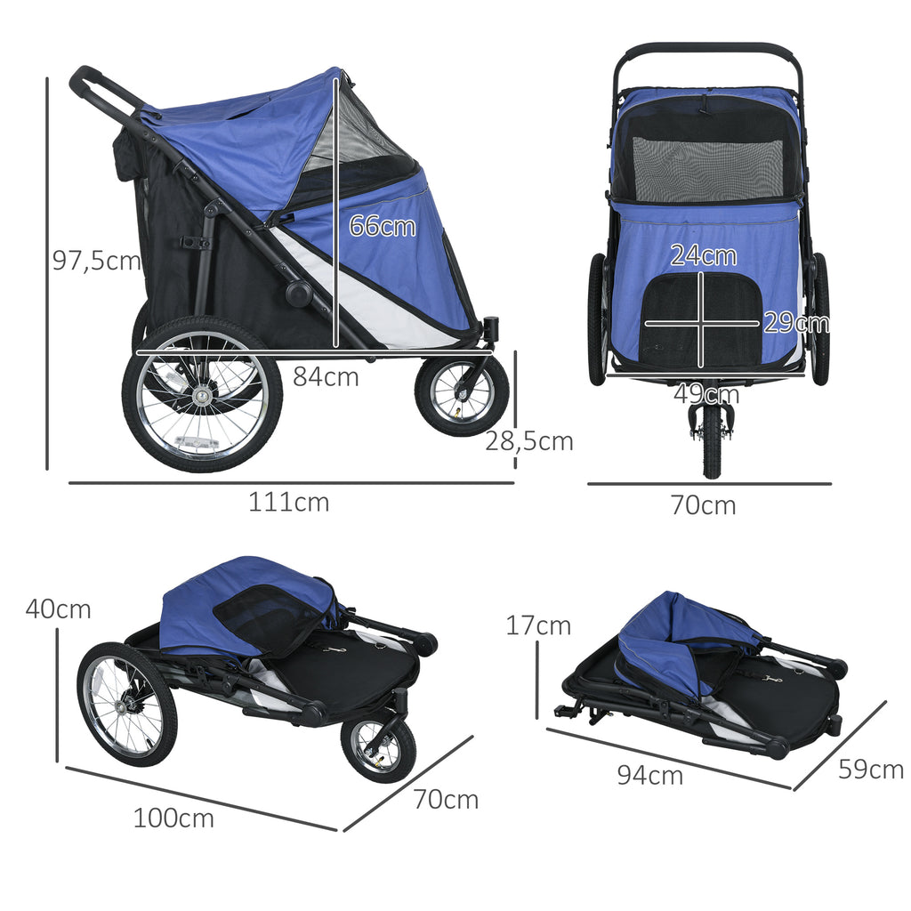 Rymlig Hundvagn och Buggy, Hopfällbar med Gummidäck, Blå/Svart, upp till 30 kg