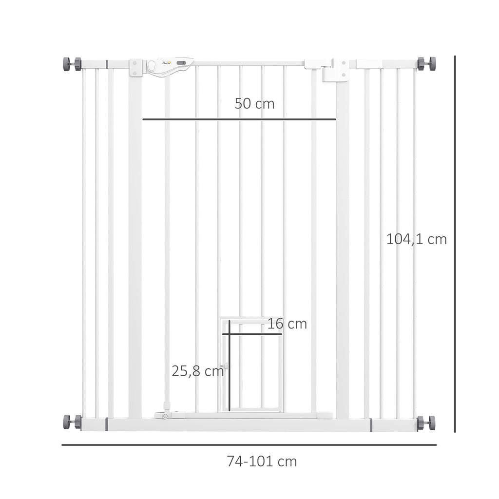 Extra Hög Hundgrind med Kattlucka, Tryckmontering utan borrning, 74-101 cm, Vit