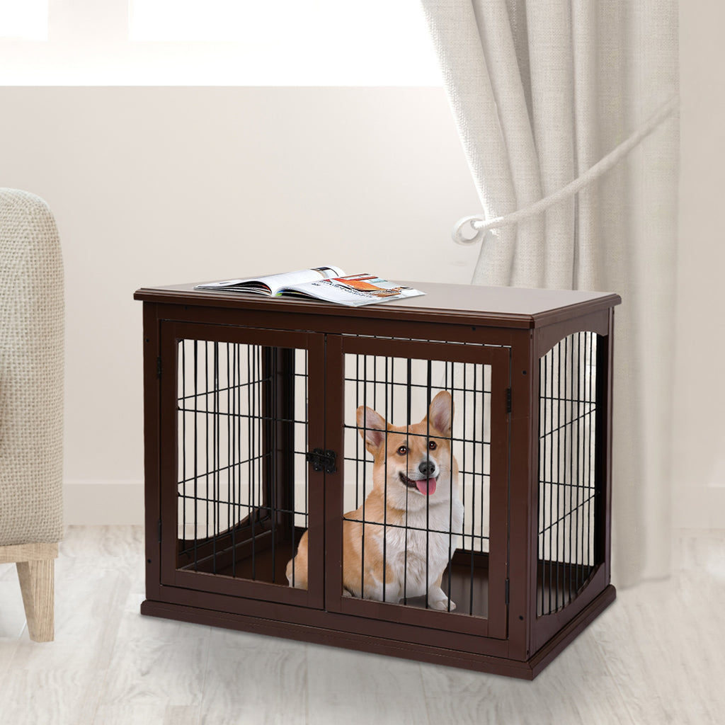 Dekorativ Hundbur i Möbelstil med Dubbla Dörrar – Brun – 81 cm
