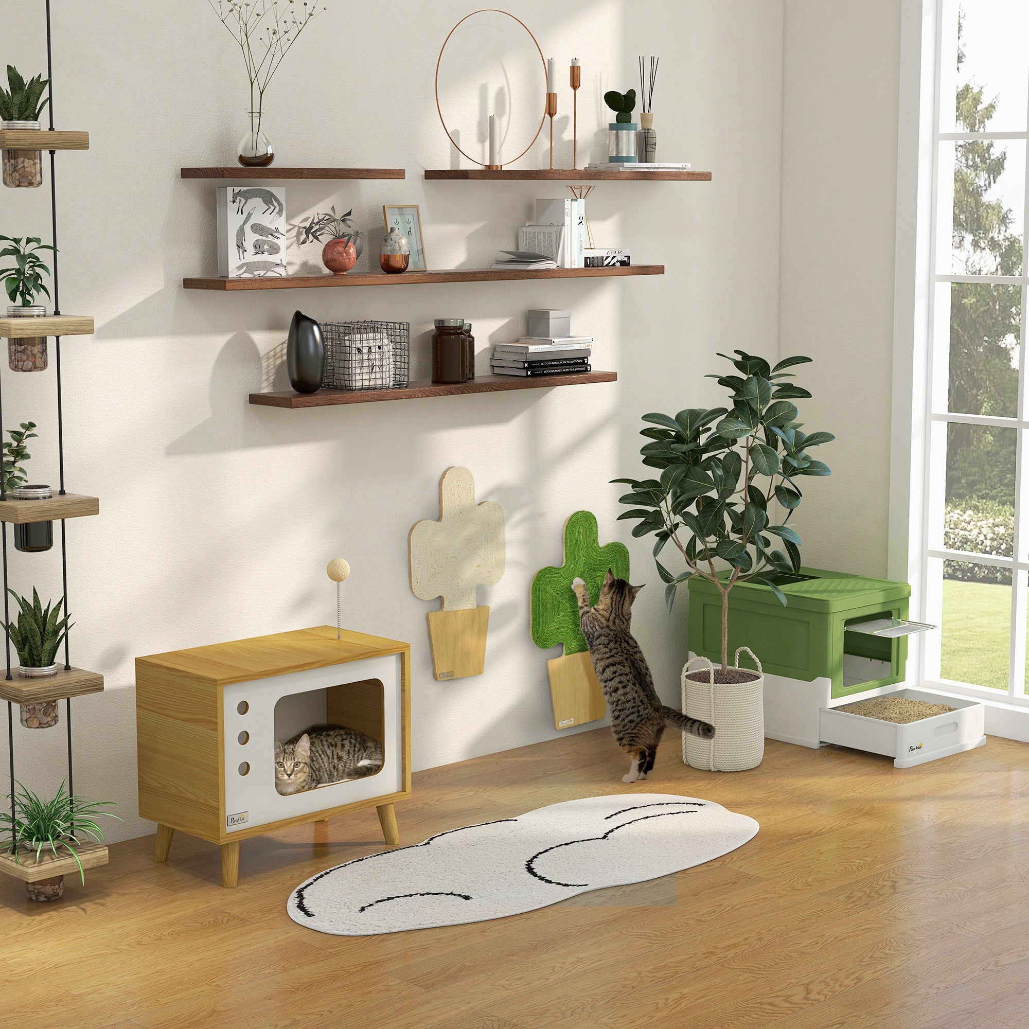 Kattgrotta i TV-design med leksak och tvättbar dyna – Ek/Vit, 50 cm