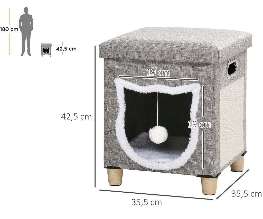 Modern kattgrotta med kattformad dörr och klösmatta – Grå/Vit, 42,5 cm
