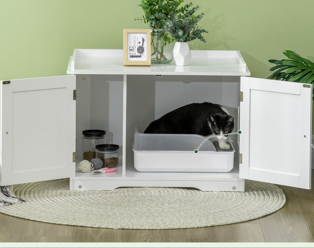 Elegant kattlådeskåp med magnetiska dörrar och sidoförvaring – Vit, 86 cm