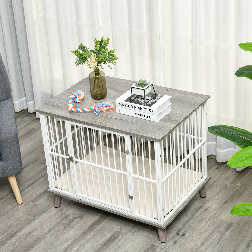 PawHut Dekorativ Hundbur Möbel med Dyna – Vit/Grå – 86 x 60 x 70 cm