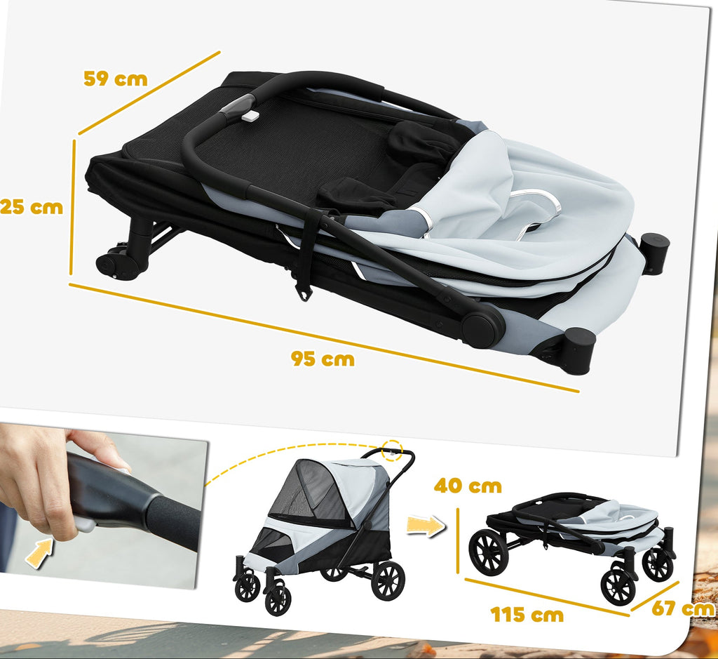 Hundvagn för Stora Hundar – Ihopfällbar med Stötdämpning (Grå, Max 30 kg)