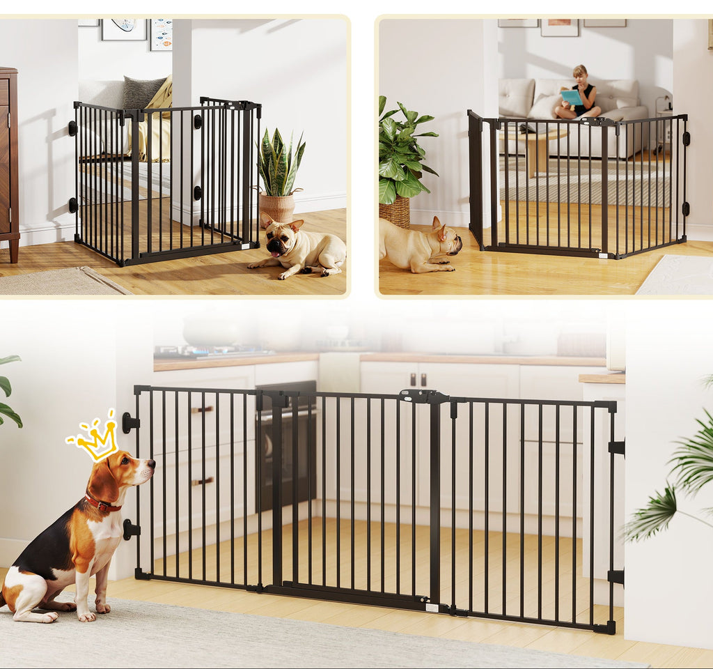 PawHut Fristående Justerbar Hundgrind med Dörr – Svart – 202 cm
