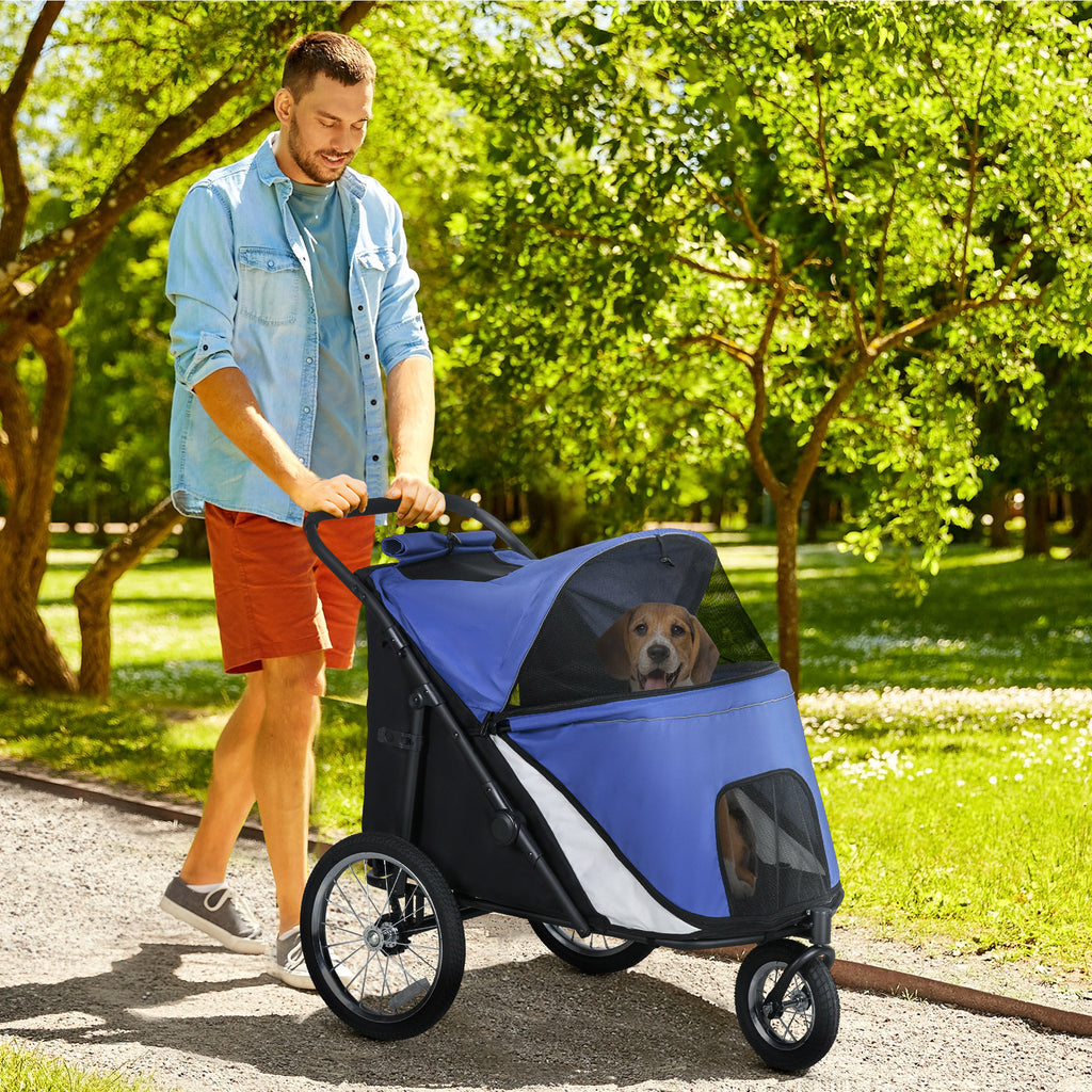 Rymlig Hundvagn och Buggy, Hopfällbar med Gummidäck, Blå/Svart, upp till 30 kg