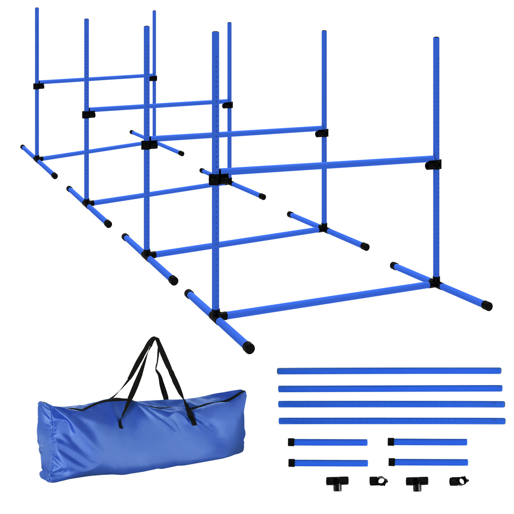 PawHut Agility-set för Hundar – 4 Hinder med Justerbar Höjd – Blå – Inkl. Bärväska