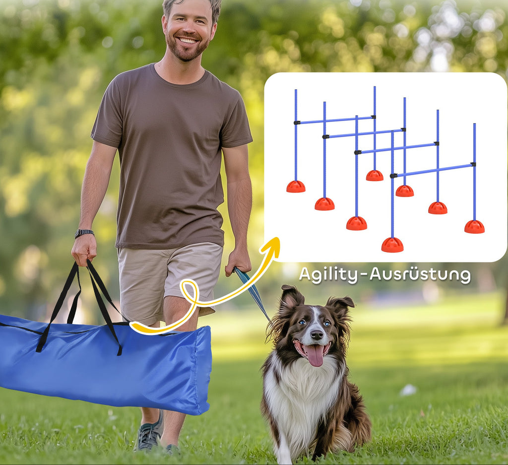 Komplett agility-set med 4 hopphinder, blå stänger och bärväska – För hundträning på alla underlag
