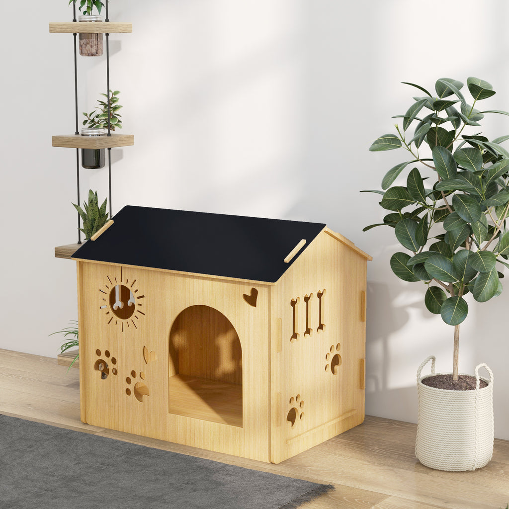 PawHut Hundkoja inomhus med dekorativa ventilationshål – Ek/Svart – 69 x 50 x 58,5 cm