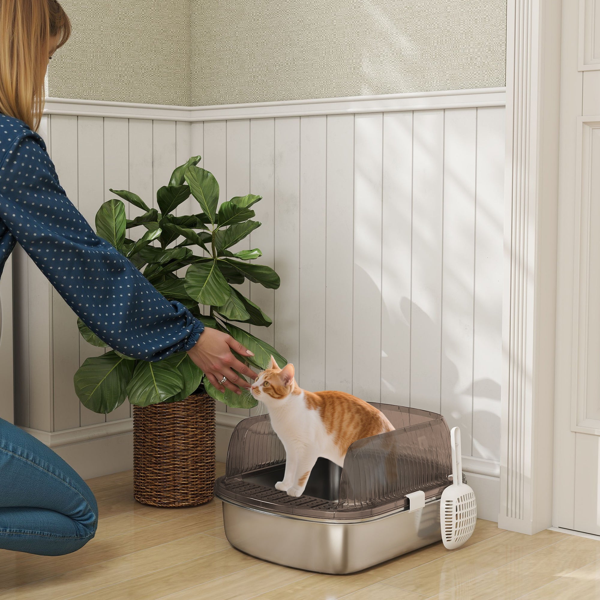 En person vidrör en bärbar kattlåda i kolgrå och silver med en orangevit katt inuti, utrustad med höga väggar och en hygienisk botten i rostfritt stål.