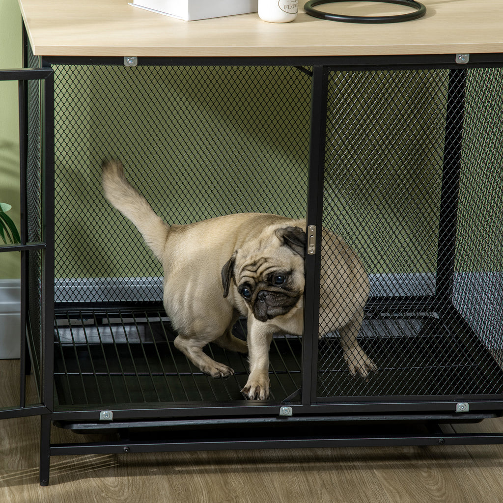 PawHut Dekorativ Hundbur med utdragbar bricka – Ek/Svart – 80 x 55 x 71 cm