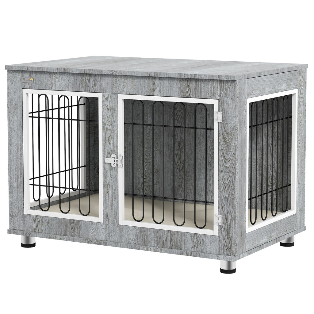Modern Hundbur i Möbelstil med Tvättbar Dyna, Grå, 90x58x65 cm