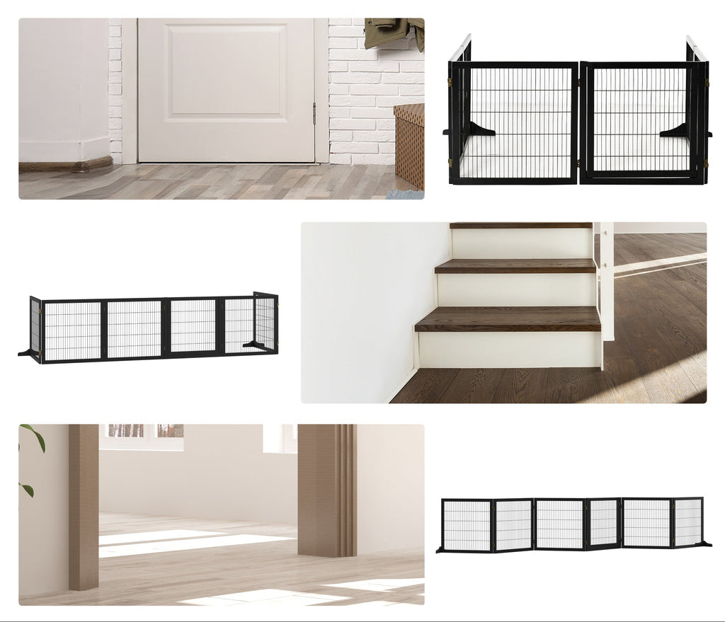 PawHut Extra Långt Hundstaket i Massiv Furu – 6 Paneler – Svart – 432 cm