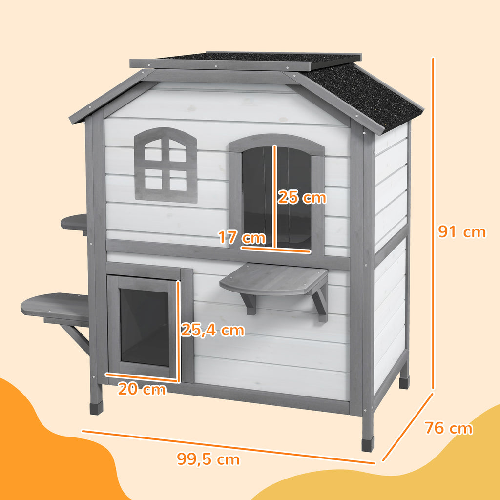 Tvåvånings katthus i vädertåligt trä med asfalttak – Grå/Vit, 91 cm