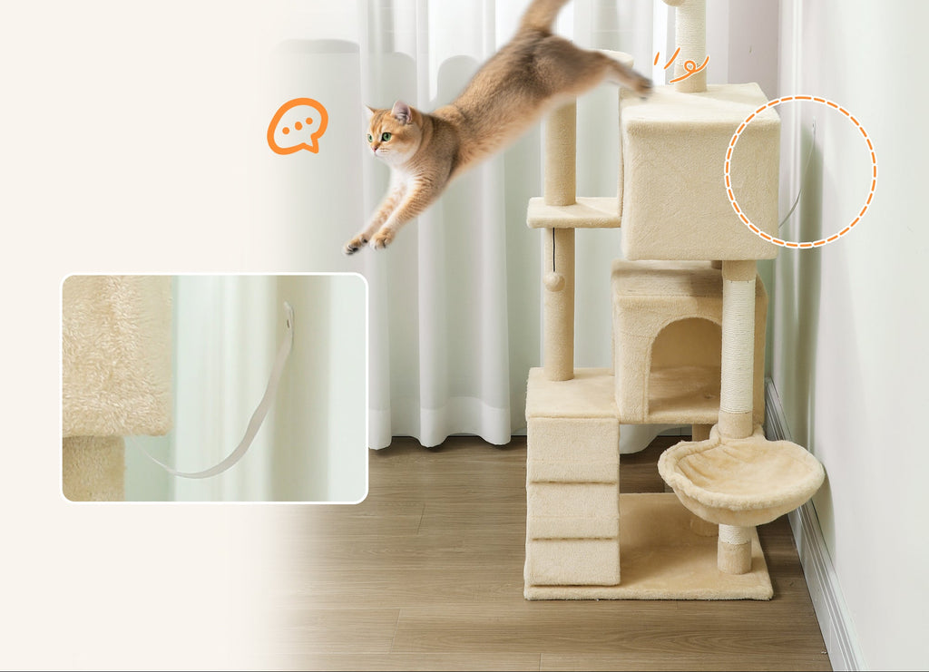 Klösträd med hängmatta, stege och dubbla kojor, 140 cm högt – Beige/Cremévit