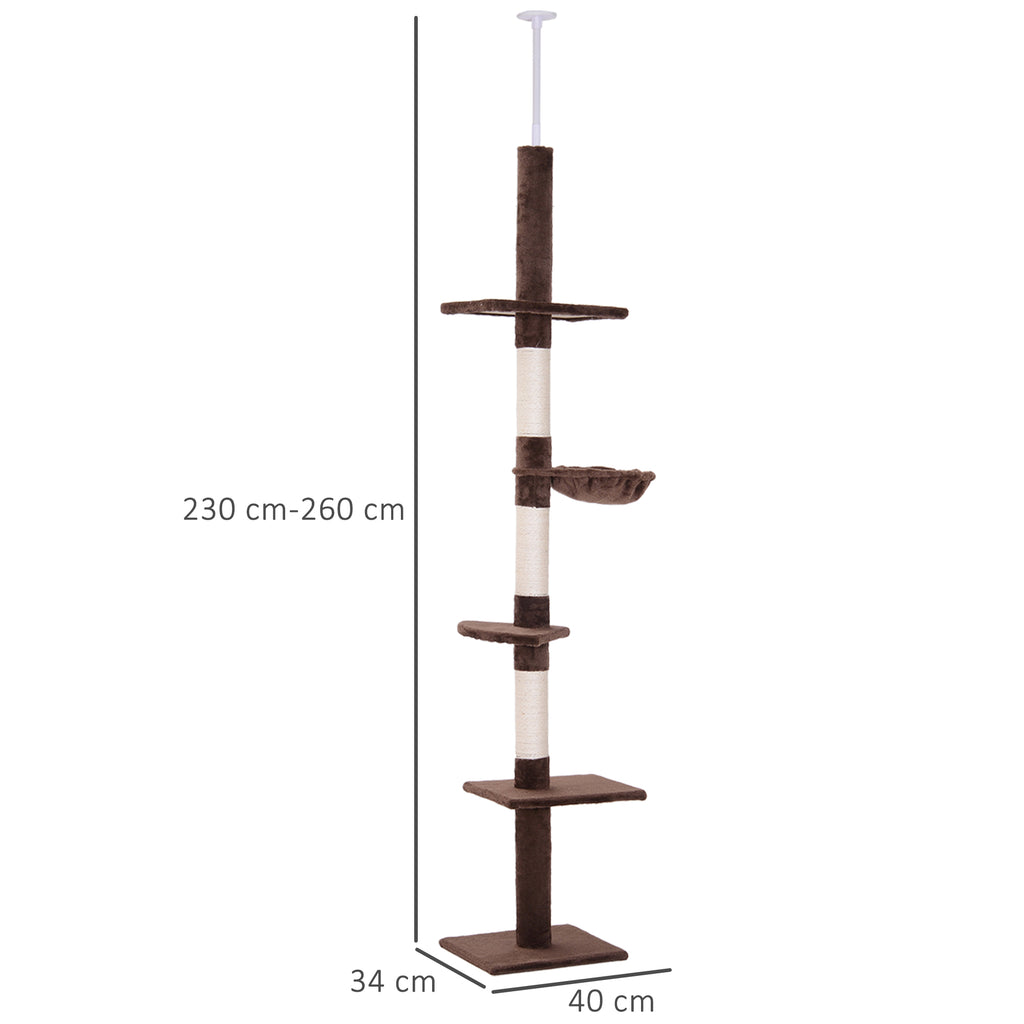 Takhögt klösträd med 5 nivåer och justerbar höjd – Brunt, 230–260 cm