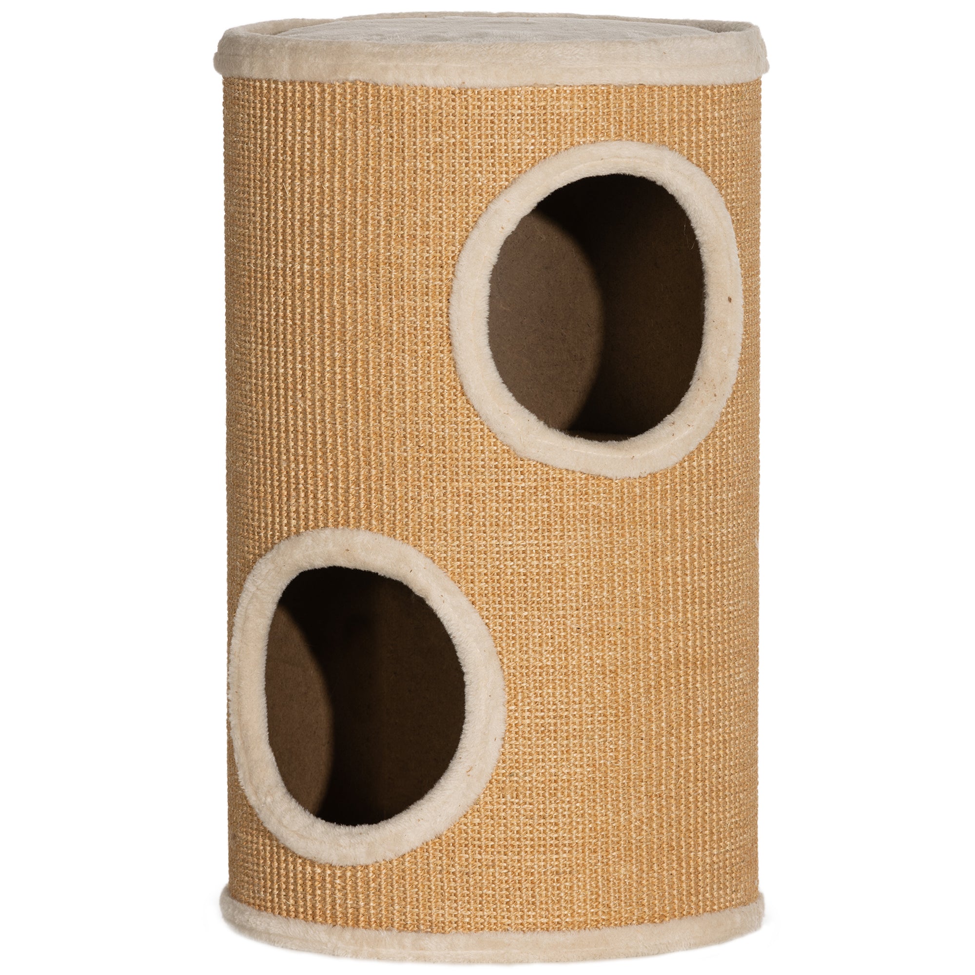 Produktvy av den beige klöstunnan som visar den heltäckande sisalytan, de två mysiga grottorna och den mjuka utsiktsplatsen på toppen.