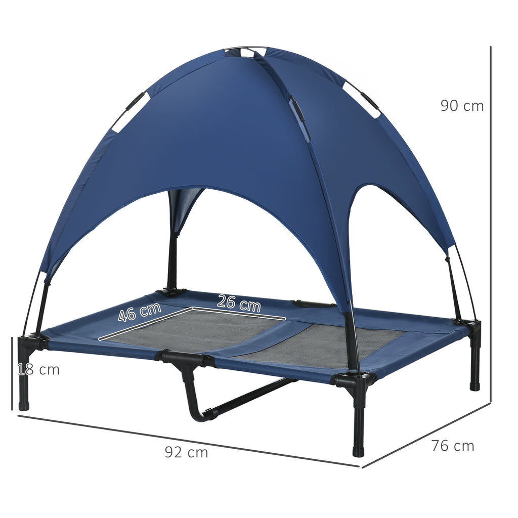 Upphöjd Hundsäng med Soltak – Väderbeständig Utomhusbädd, Blå/Svart, 92x76x90 cm