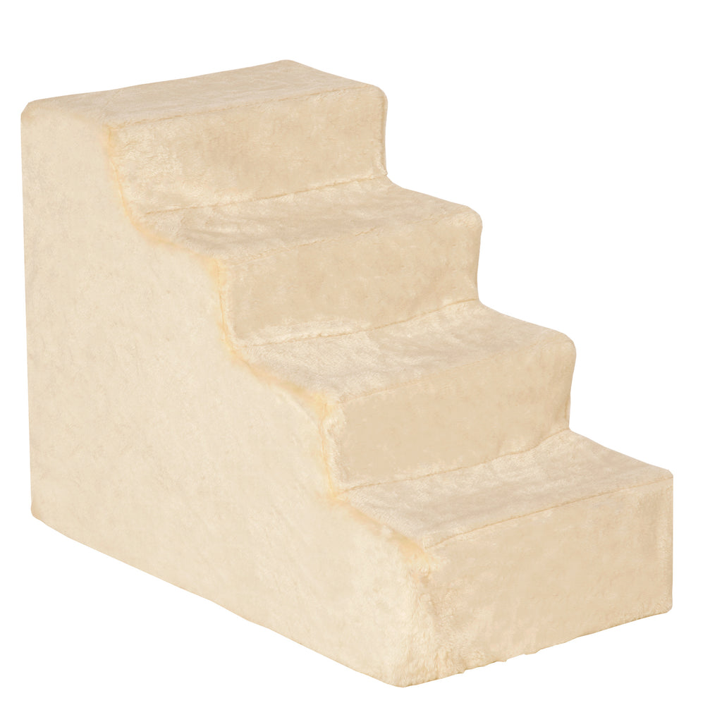 En praktisk beige djurtrappa med fyra steg i mjuk plysch som hjälper hunden eller katten att nå soffan.