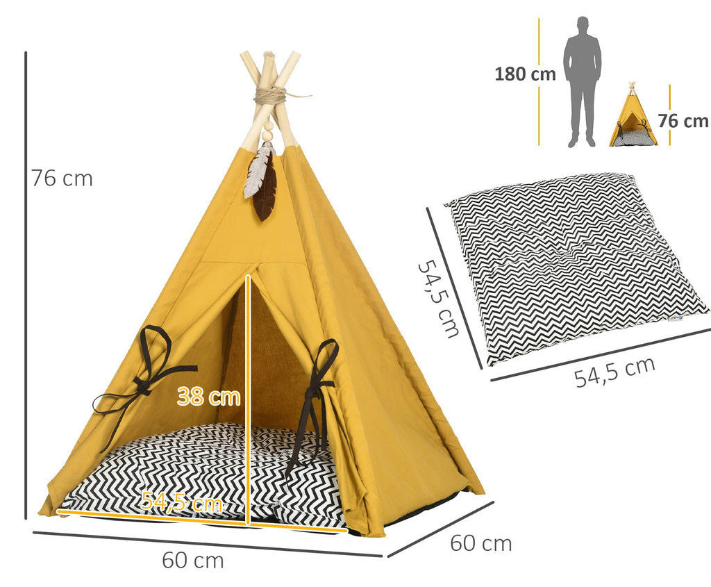 Tipi-tält för hund och katt med mjuk dyna – Gul/Svart/Vit, 76 cm