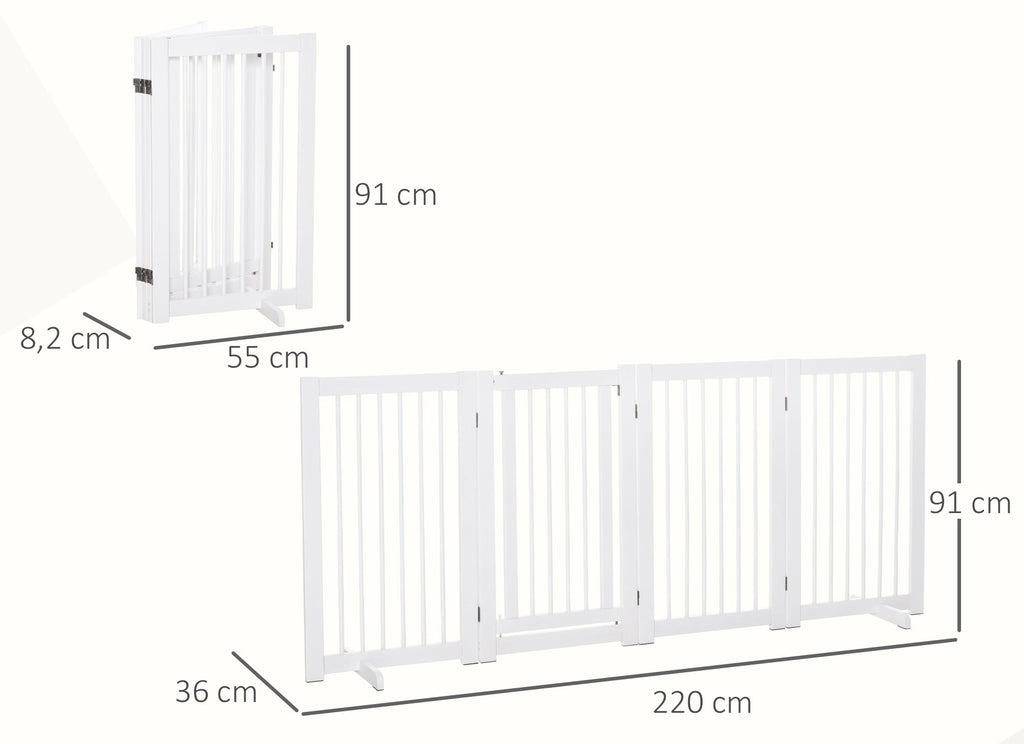 PawHut Extra Bred & Hög Säkerhetsgrind i Trä – 4 Paneler med Dörr – Vit – 220 x 91 cm
