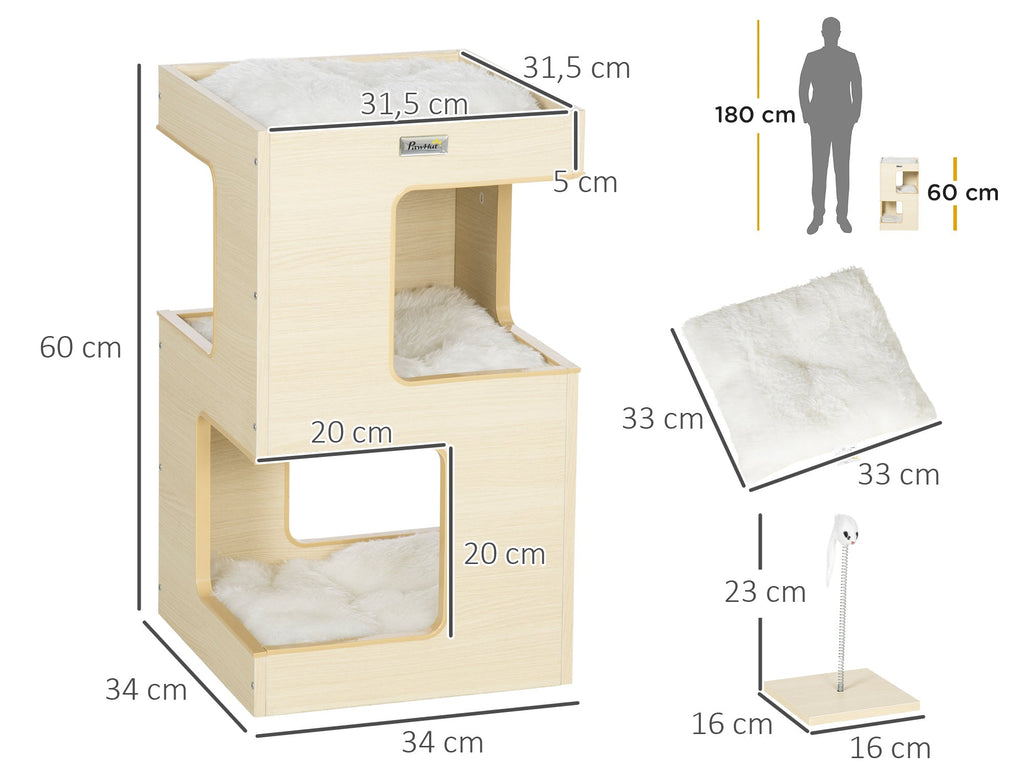 Kattgrotta i tre nivåer med leksaksmus – Natur/Ljusgrå, 60 cm