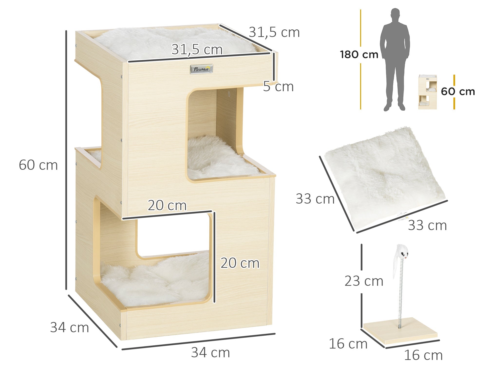 Kattgrotta i tre nivåer med leksaksmus – Natur/Ljusgrå, 60 cm