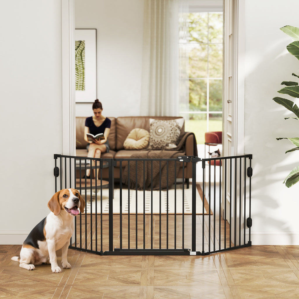 PawHut Fristående Justerbar Hundgrind med Dörr – Svart – 202 cm