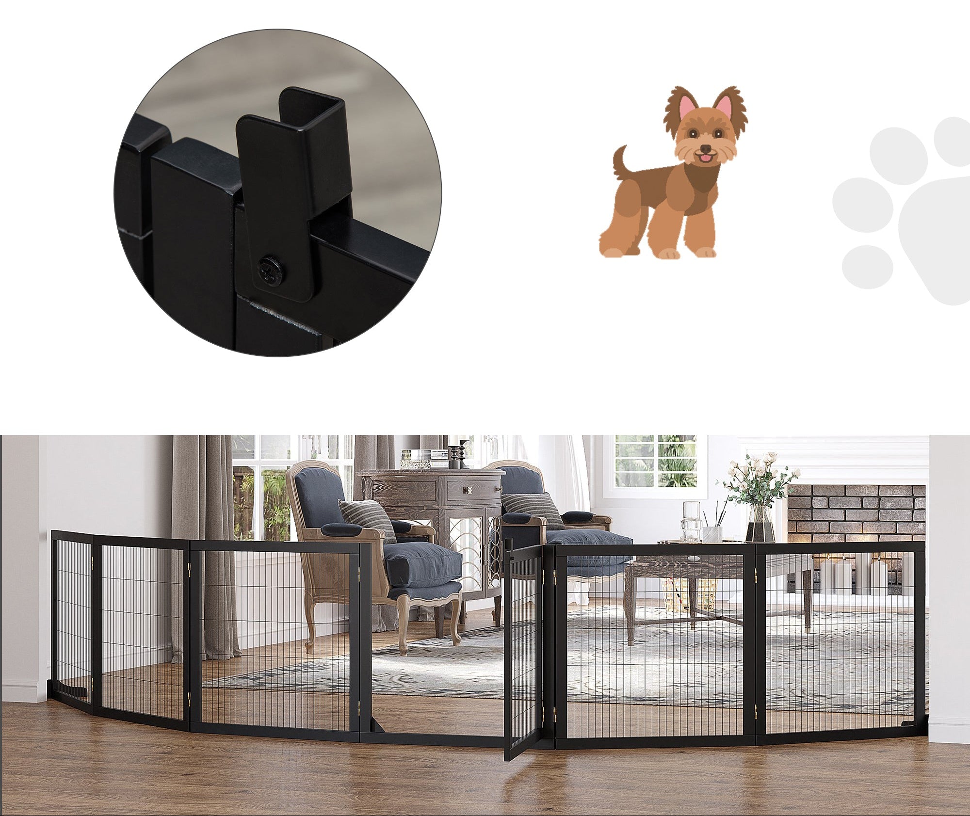 PawHut Extra Långt Hundstaket i Massiv Furu – 6 Paneler – Svart – 432 cm