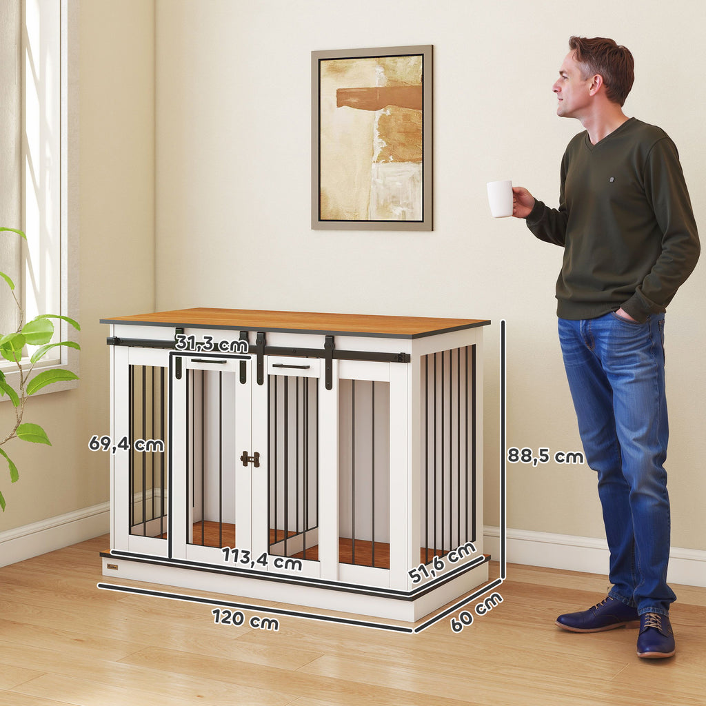 PawHut Dubbel Hundbur Möbel med Skiljevägg – Vit – 120 x 60 x 88,5 cm