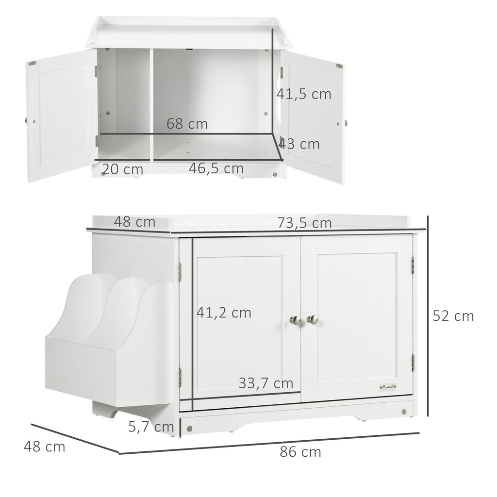 Elegant kattlådeskåp med magnetiska dörrar och sidoförvaring – Vit, 86 cm