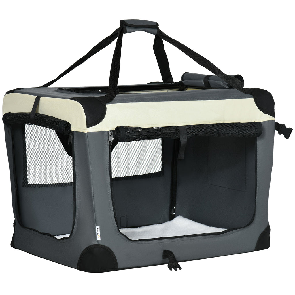 En rymlig grå fällbar transportväska för katter och små hundar med bärhandtag och nätsidor för god ventilation.