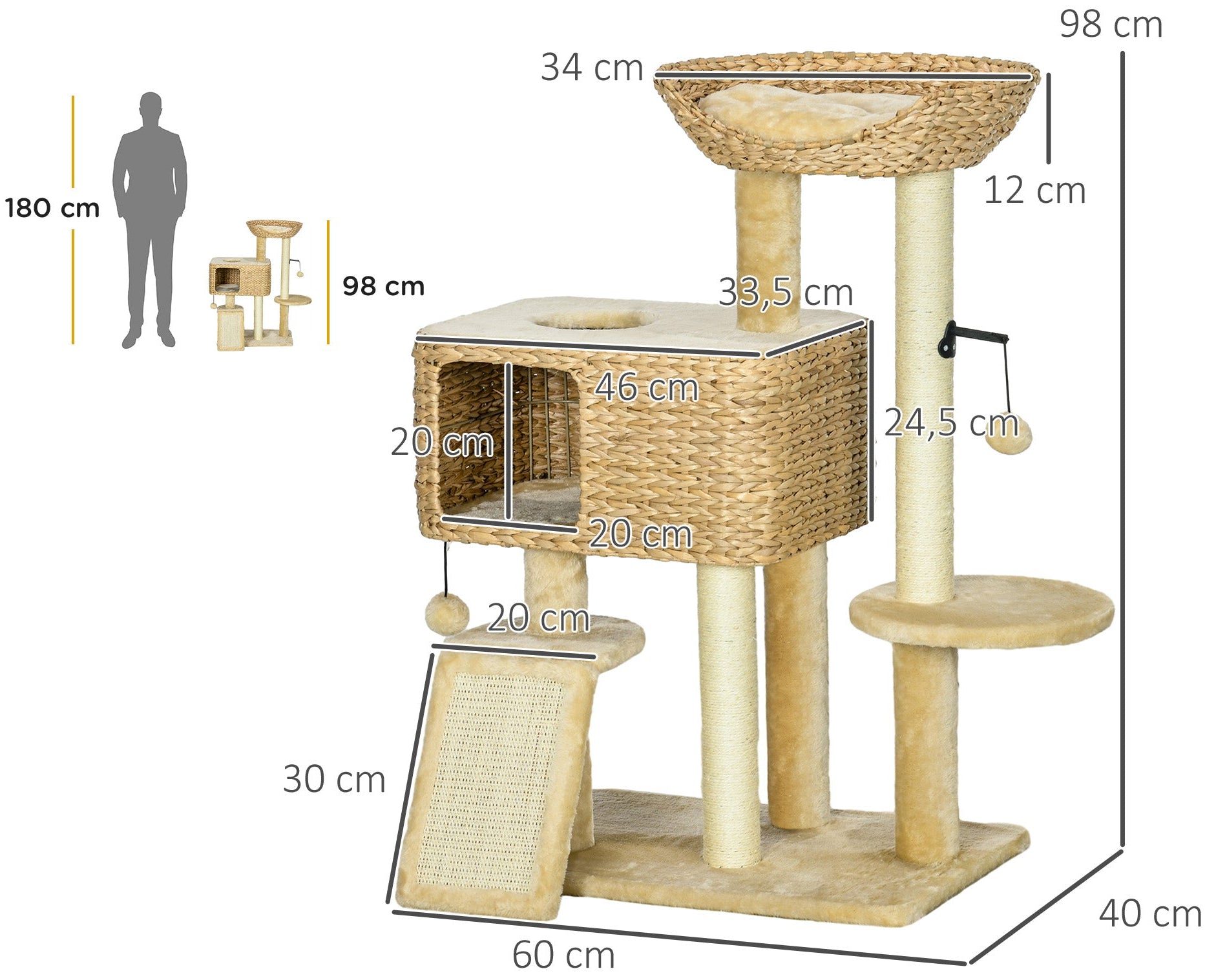 Klösträd med naturlig vattenhyacint, ramp och hängmatta – Beige, 98 cm