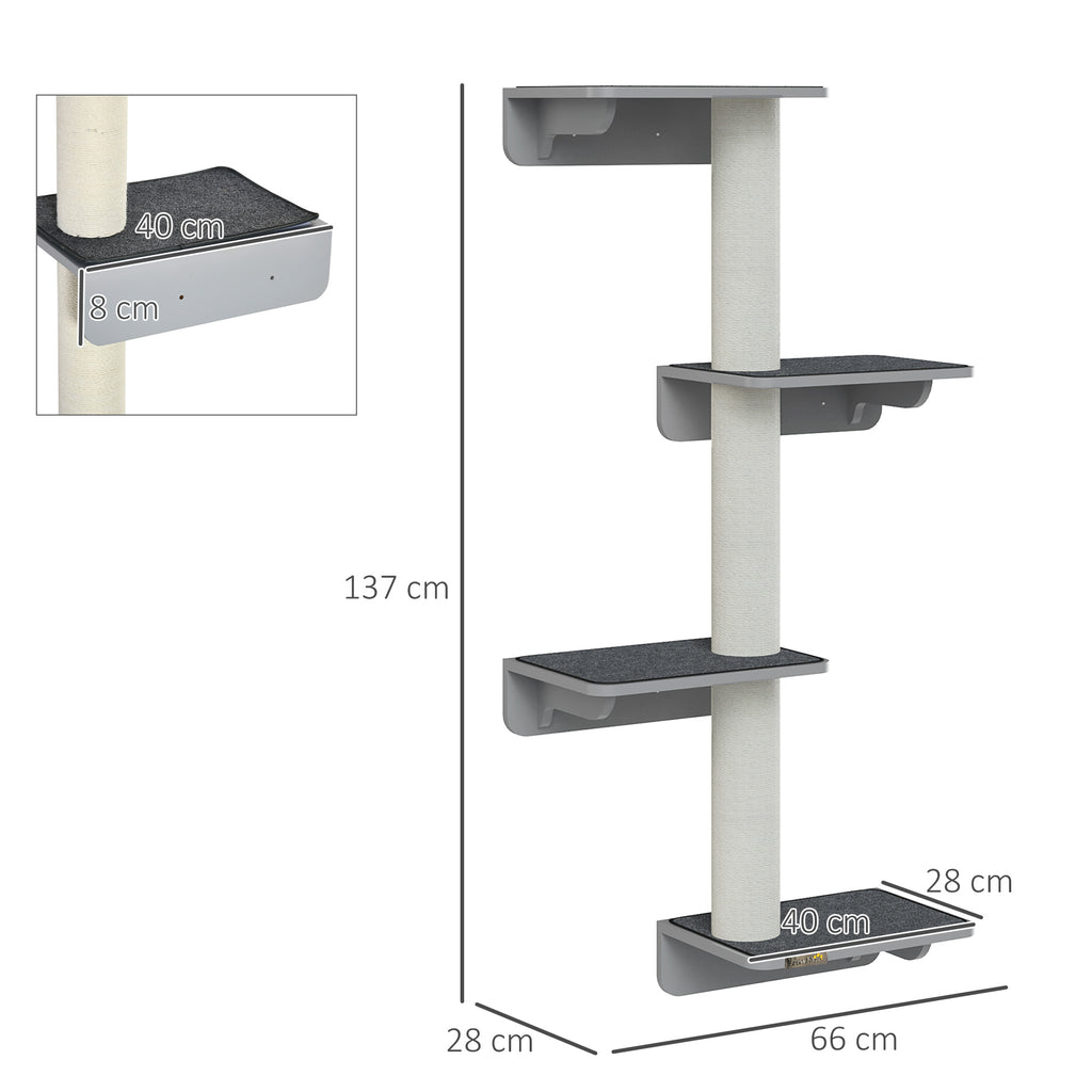 Vägghängt klätterträd med 4 plattformar och klöspelare – Ljusgrå/Beige, 137 cm