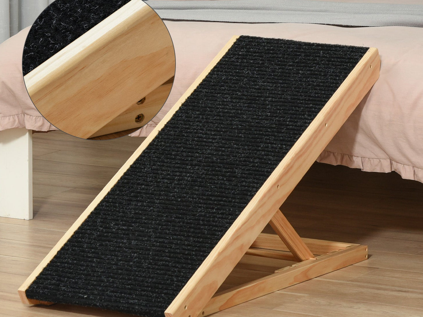 PawHut Justerbar Hundramp i Furu med Halkfri Matta – Natur/Svart – 90 cm