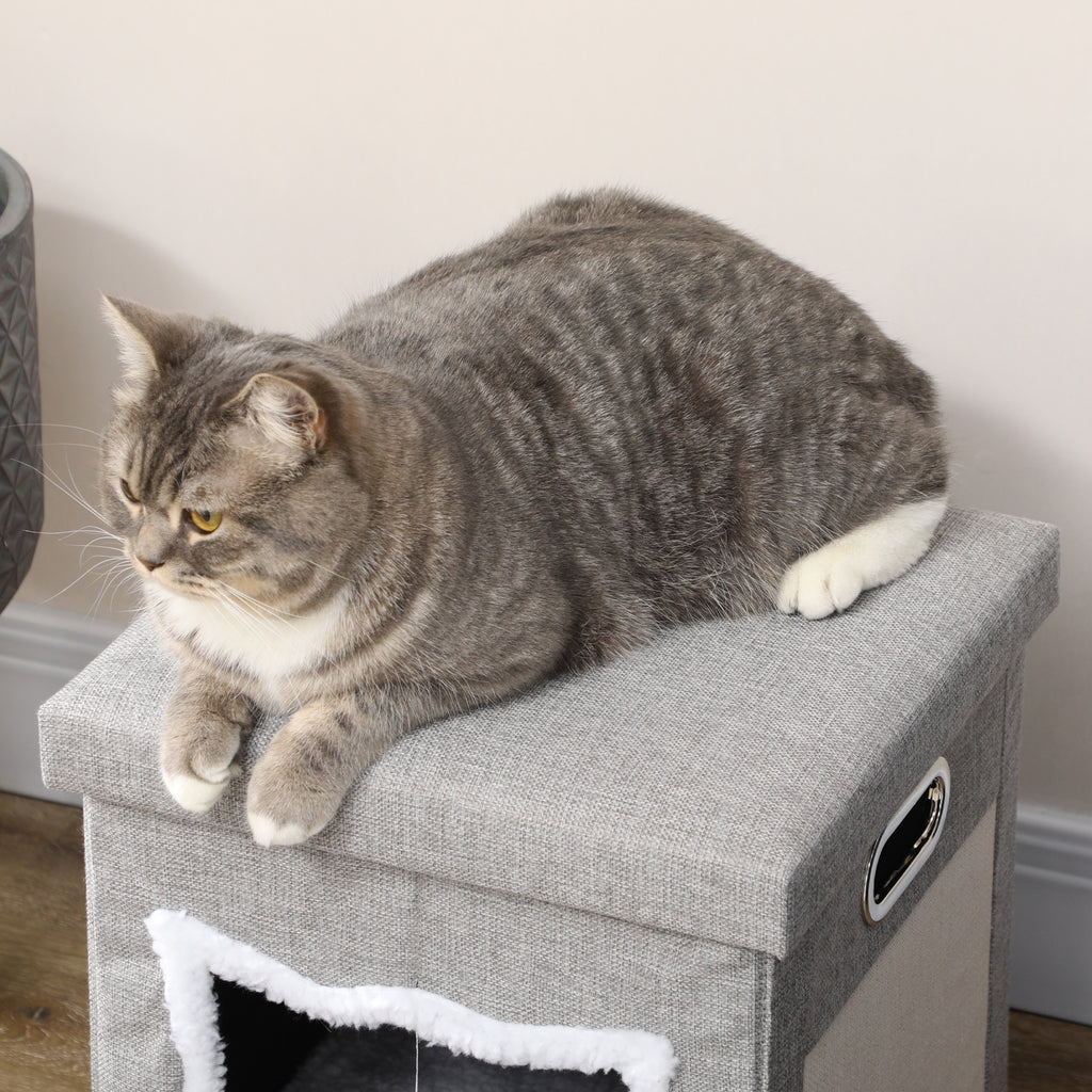 Modern kattgrotta med kattformad dörr och klösmatta – Grå/Vit, 42,5 cm