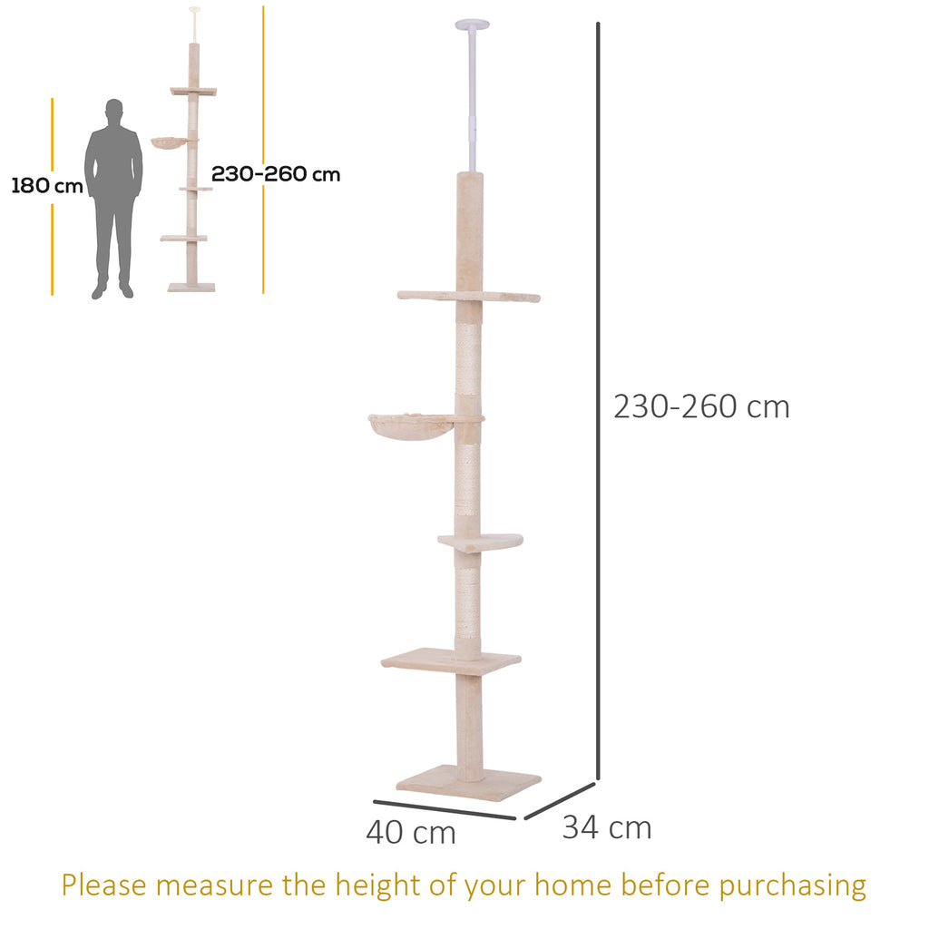 Takhögt klösträd med justerbar höjd och sisalstolpar – Beige, 230–260 cm