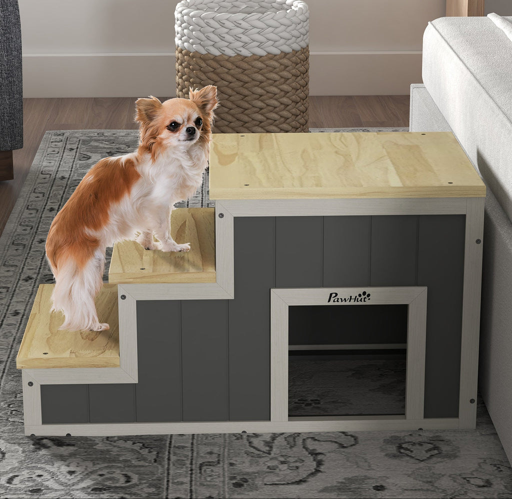 2-i-1 Hundtrappa och Hundhus – 3 Steg i Furu, Natur/Vit, 79x38,5x45 cm