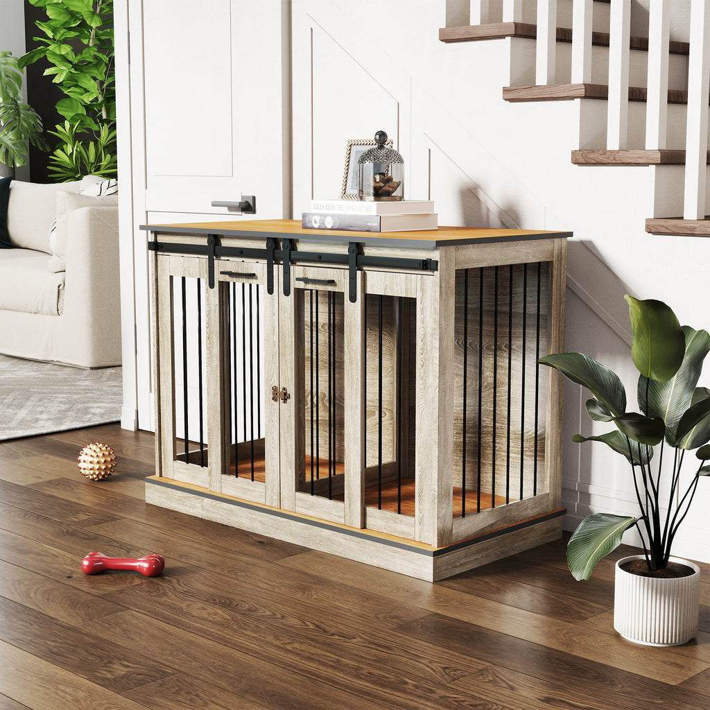 PawHut Dubbel Hundbur Möbel med Skiljevägg – Ek/Svart – 120 x 60 x 88,5 cm