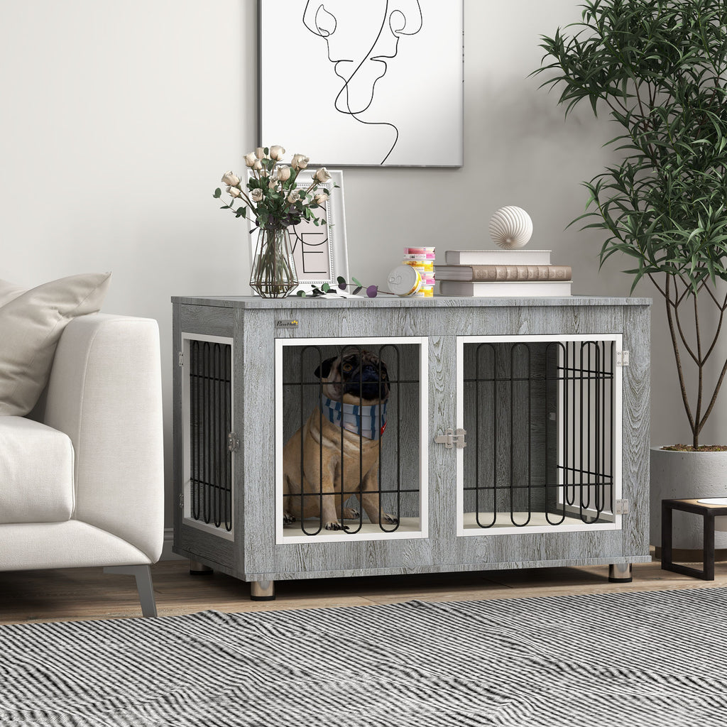 Modern Hundbur i Möbelstil med Tvättbar Dyna, Grå, 90x58x65 cm