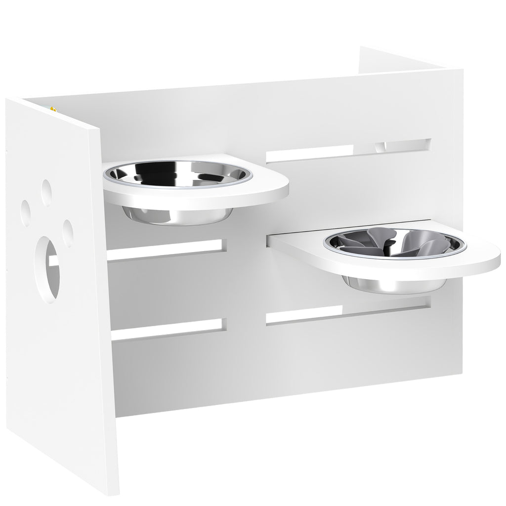 Stilrent vitt matskålsställ i MDF med två rostfria skålar och modern design