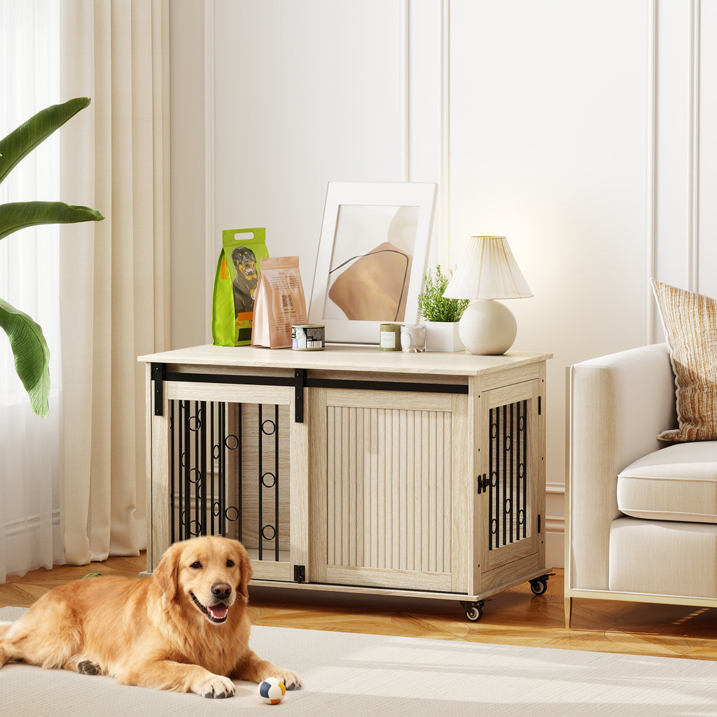 Modern hundbur som fungerar som ett praktiskt sidobord i vardagsrummet
