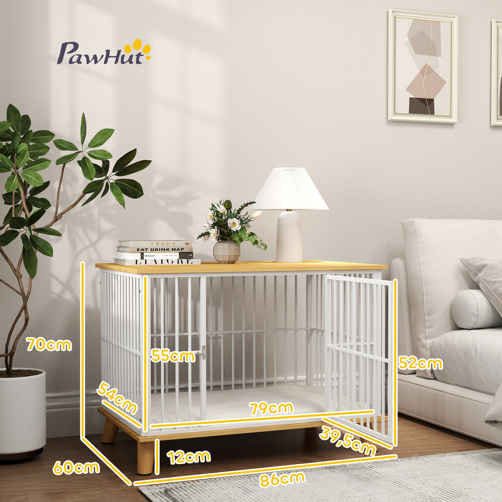 Teknisk illustration som visar måtten på den eleganta vita hundburen i möbeldesign