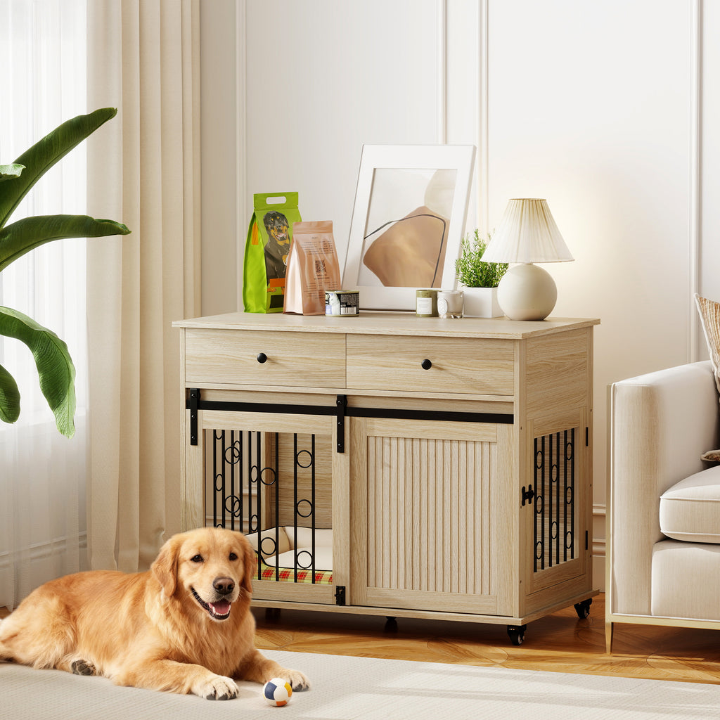 Exklusiv hundbur i möbelstil med två förvaringslådor och elegant ekfinish
