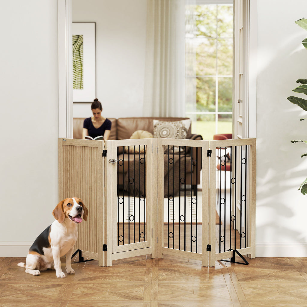 Elegant fristående hundgrind i ek och svart stål med dörr – Säkerhetsgrind för medelstora hundar inomhus.