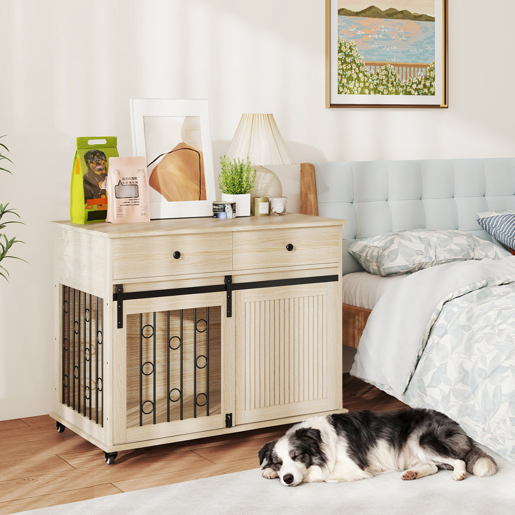 Modern hundbur som fungerar som en snygg och praktisk kommod i hemmet