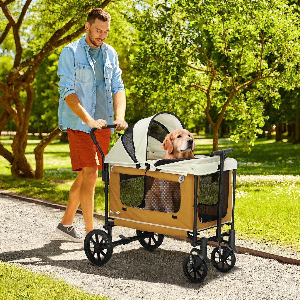 Mångsidig hundvagn och transportkärra för stora hundar i beige och brunt utförande utomhus